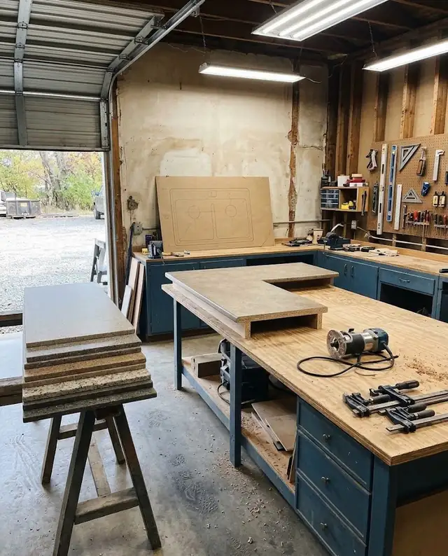 Countertop workshop bench with a cut laminate section, solid surface sheets and hand tools